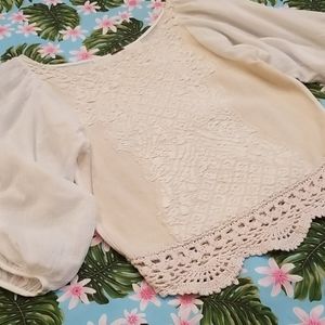 GIFTED Free People Crochet & Bubble Sleeve Crop Waist Top